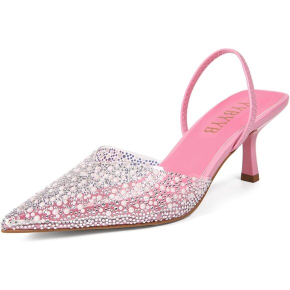 Women's Kitten Rhinestone Pointed Toe Pumps Slingback Pink Heels Dress Shoes - Picture 1 of 7
